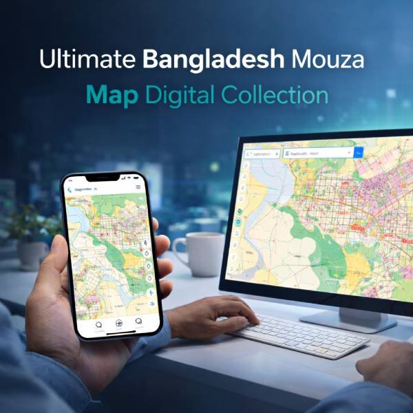 Bangladesh Mouza Map digital collection shown on a phone and a desktop monitor